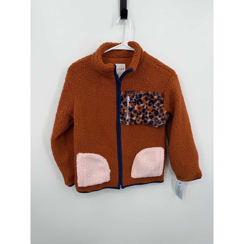 Cat & Jack Sherpa Fleece Zip Jacket Kids L 10/12 Cinnamon Leopard Print Pocket